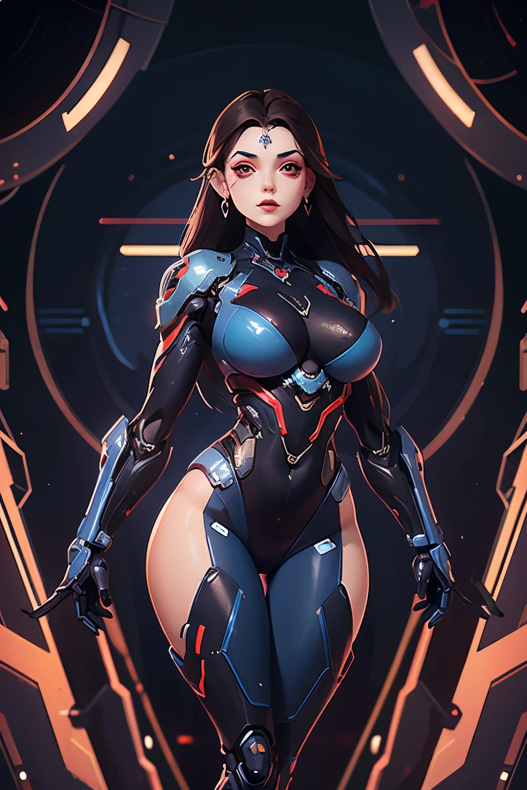 artwork, 1girl, dark hair, red eyes, blue makeup, rich details, artwork blending organic and mechanical aesthetics, smooth human skin, strong thicc body, big breasts, large hips, cybernetic enhancements, contrasting metallic tones