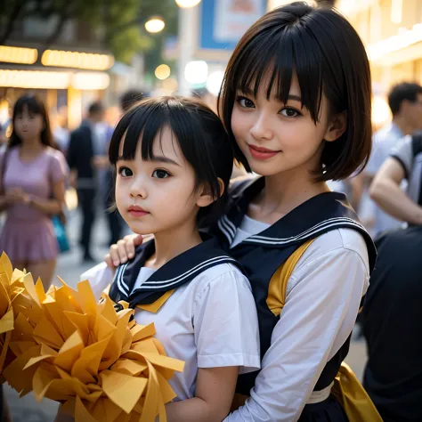 1 girl, little kid, medium haircut, bangs between eyes, sailor collar, seductive smile, cheerleading, crowded shopping street, m...