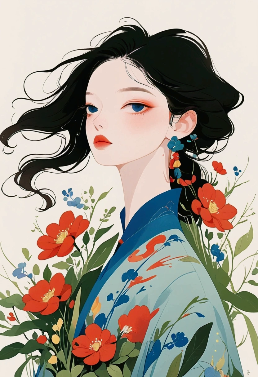 painting of a woman with flowers in her hair and a black choke, lois van rossdraws, by Gao Cen, inspired by James Jean, illustration painting, inspired by Hsiao-Ron Cheng, painterly illustration, serene illustration, watercolor illustration style, trending on artstration, inspired by Martine Johanna, jinyoung shin art, inspired by Yanjun Cheng。Disheveled hair