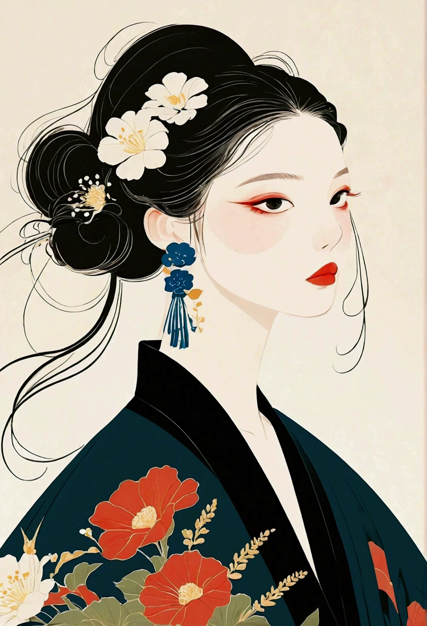 illustration of a woman with a black top and flowers in her hair, by Mei Qing, trending on artstration, by Li Song, by Ni Tian, digital art of an elegant, exquisite digital illustration, a beautiful artwork illustration, by Yang J, inspired by Itō Shinsui, inspired by Ma Yuanyu, beautiful digital illustration, by Gao Cen, illustration style