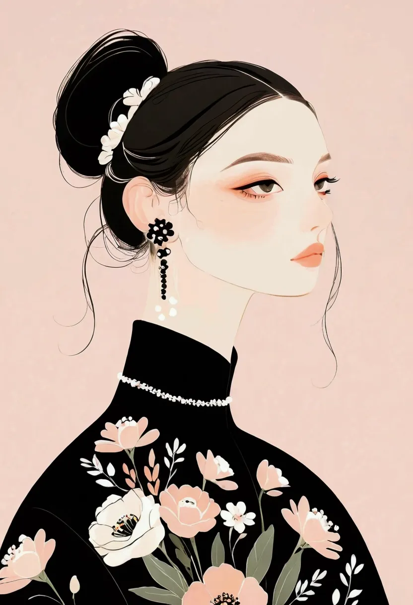 dark hair styled in a low bun, black high-collar dress, floral patterns with white and peach flowers, delicate flower hair acces...