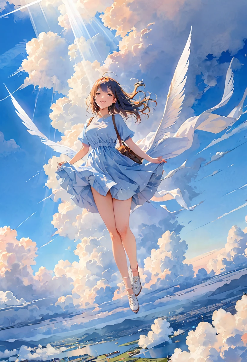 (Watercolor style, Spectrum Art) + A majestic world above the clouds、パノラマViewが広がる + Costume bag (View) + (flow + Subtle reflection) + (blend + Scattered) + (Light and shadow are clear + Swaying Dynamic), Beautiful face girl、Soaring into the sky, standing on a white cloud、Masterpiece、Watercolor style、High image quality、