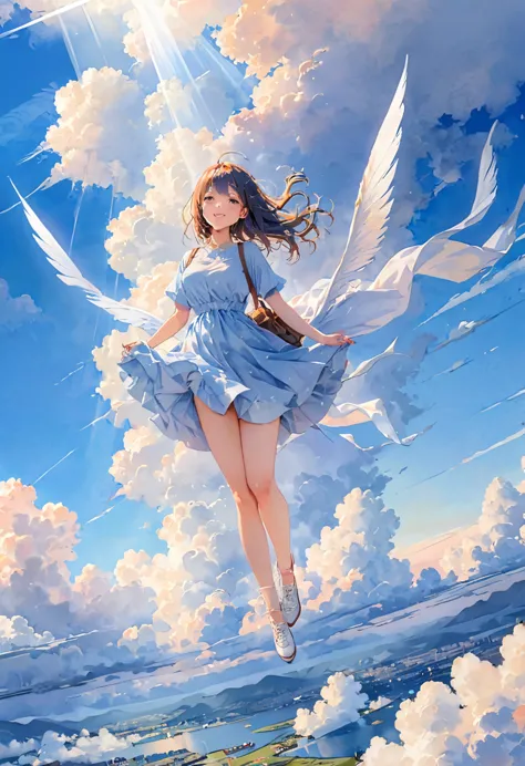 (watercolor style, spectrum art) + a majestic world above the clouds、パノラマviewが広がる + costume bag (view) + (flow + subtle reflecti...