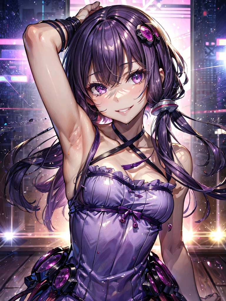 Detailed, yuzuki yukari, gloss Lips, Sexy lips, Look at, saliva, focus armpit, First-person view, spread armpit, look up, Seductive smile, Grin, Clothes that show your body lines,