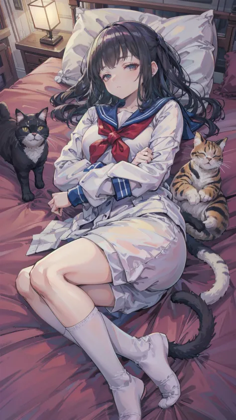 、sleep、while sleeping、late night、me in a sailor suit、lying face up on the bed、so many cats getting in the way on the bed、