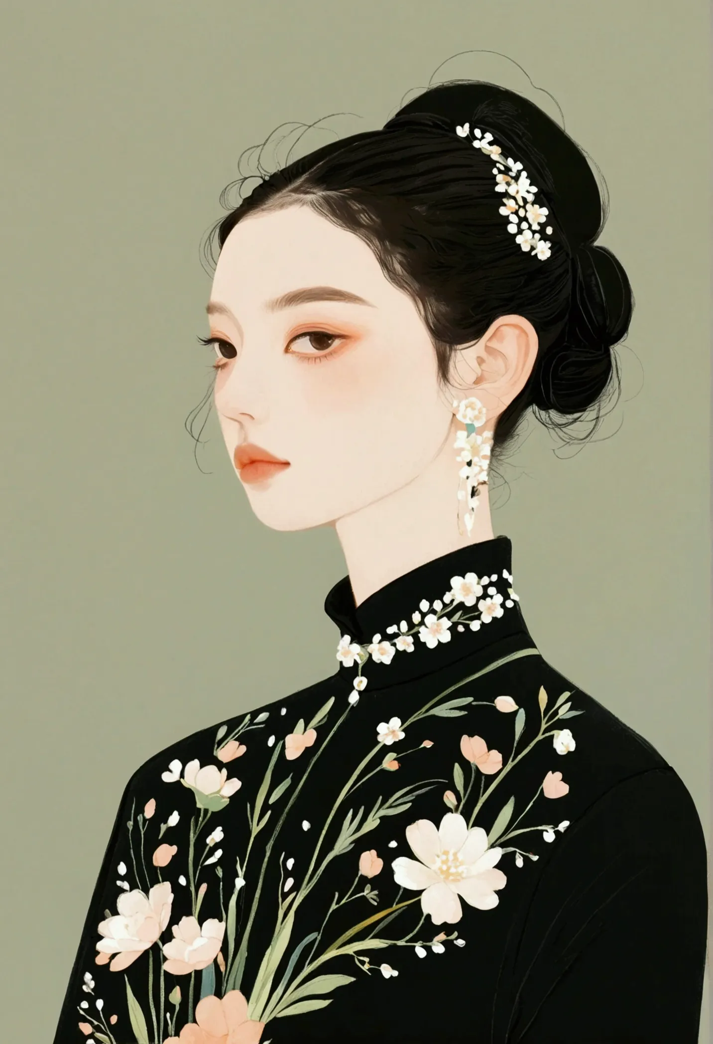 dark hair styled in a low bun, black high-collar dress, floral patterns with white and peach flowers, delicate flower hair acces...