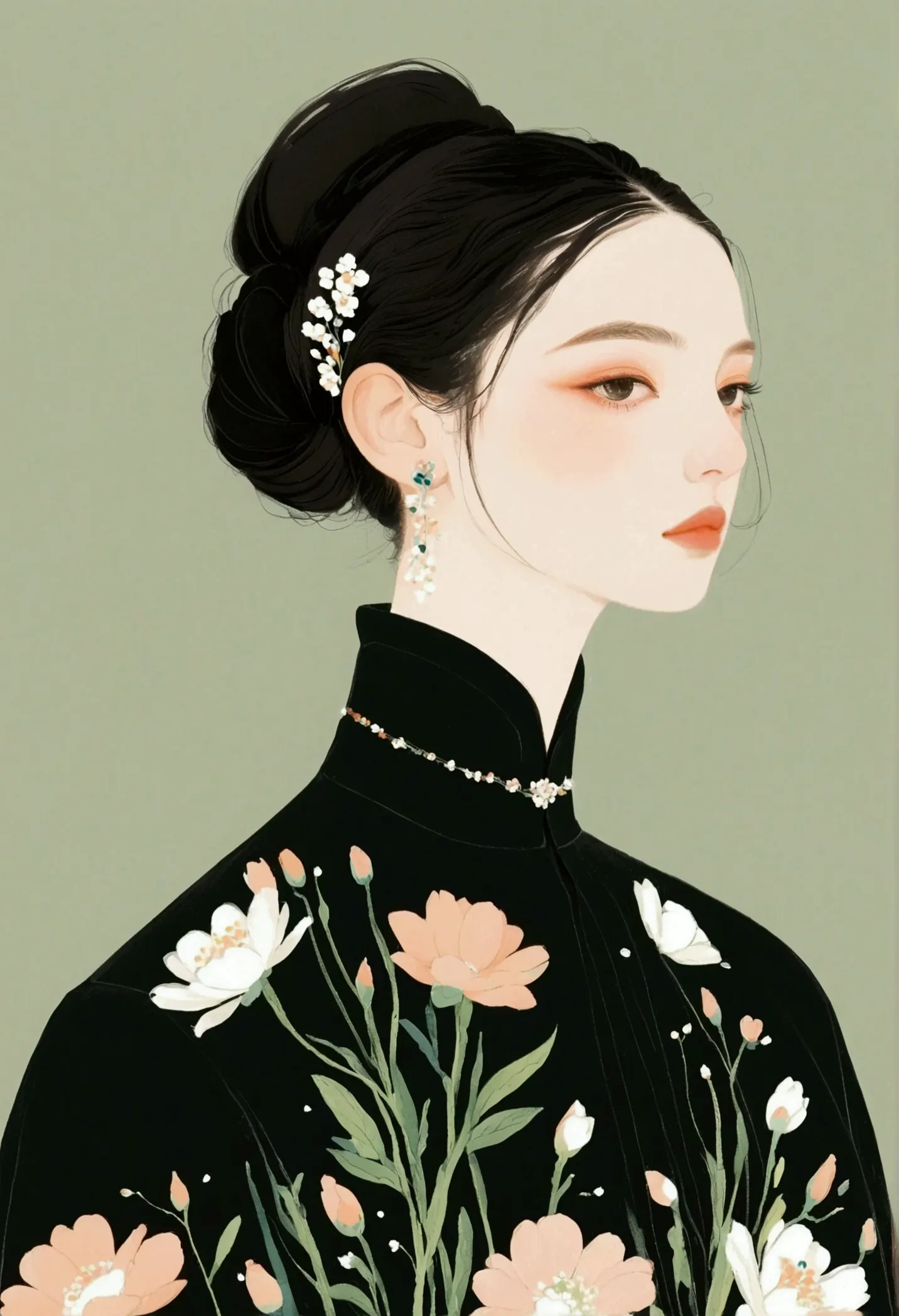 dark hair styled in a low bun, black high-collar dress, floral patterns with white and peach flowers, delicate flower hair acces...