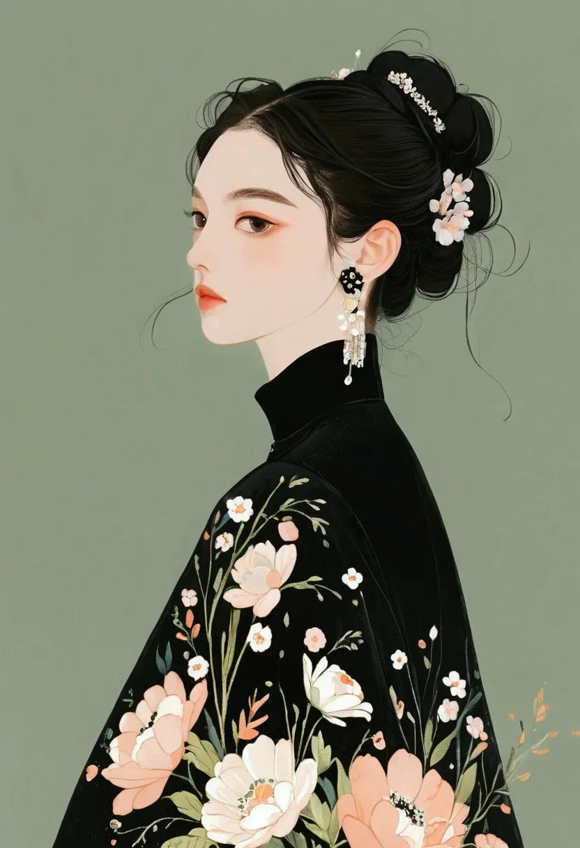 dark hair styled in a low bun, black high-collar dress, floral patterns with white and peach flowers, delicate flower hair acces...