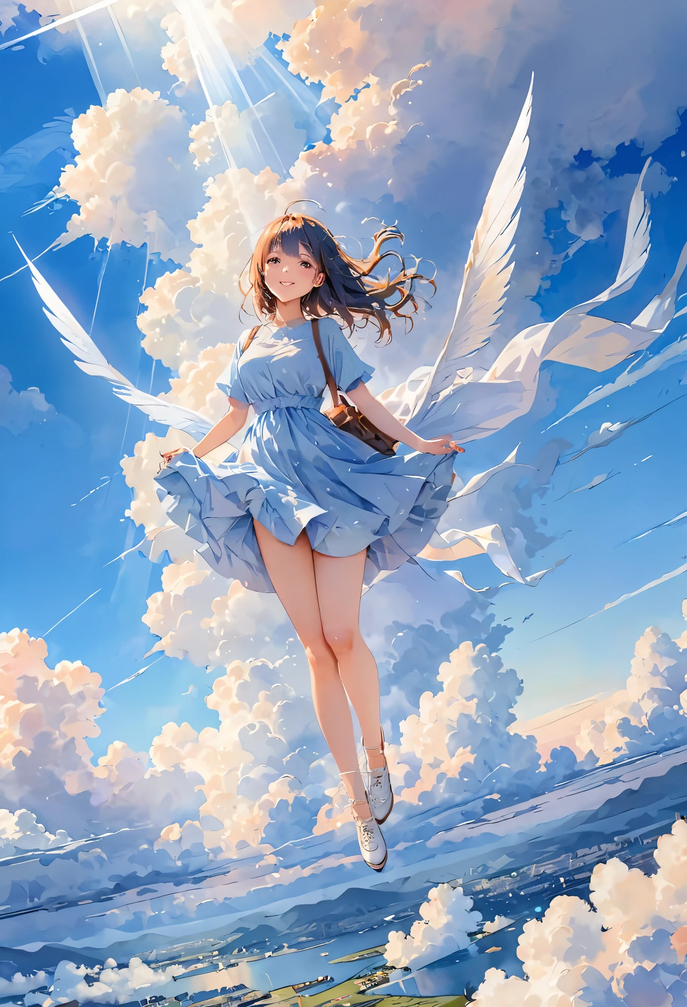 (Watercolor style, Spectrum Art) + A majestic world above the clouds、パノラマViewが広がる + Costume bag (View) + (flow + Subtle reflection) + (blend + Scattered) + (Light and shadow are clear + Swaying Dynamic), Beautiful face girl、Soaring into the sky, standing on a white cloud、Masterpiece、Watercolor style、High image quality、