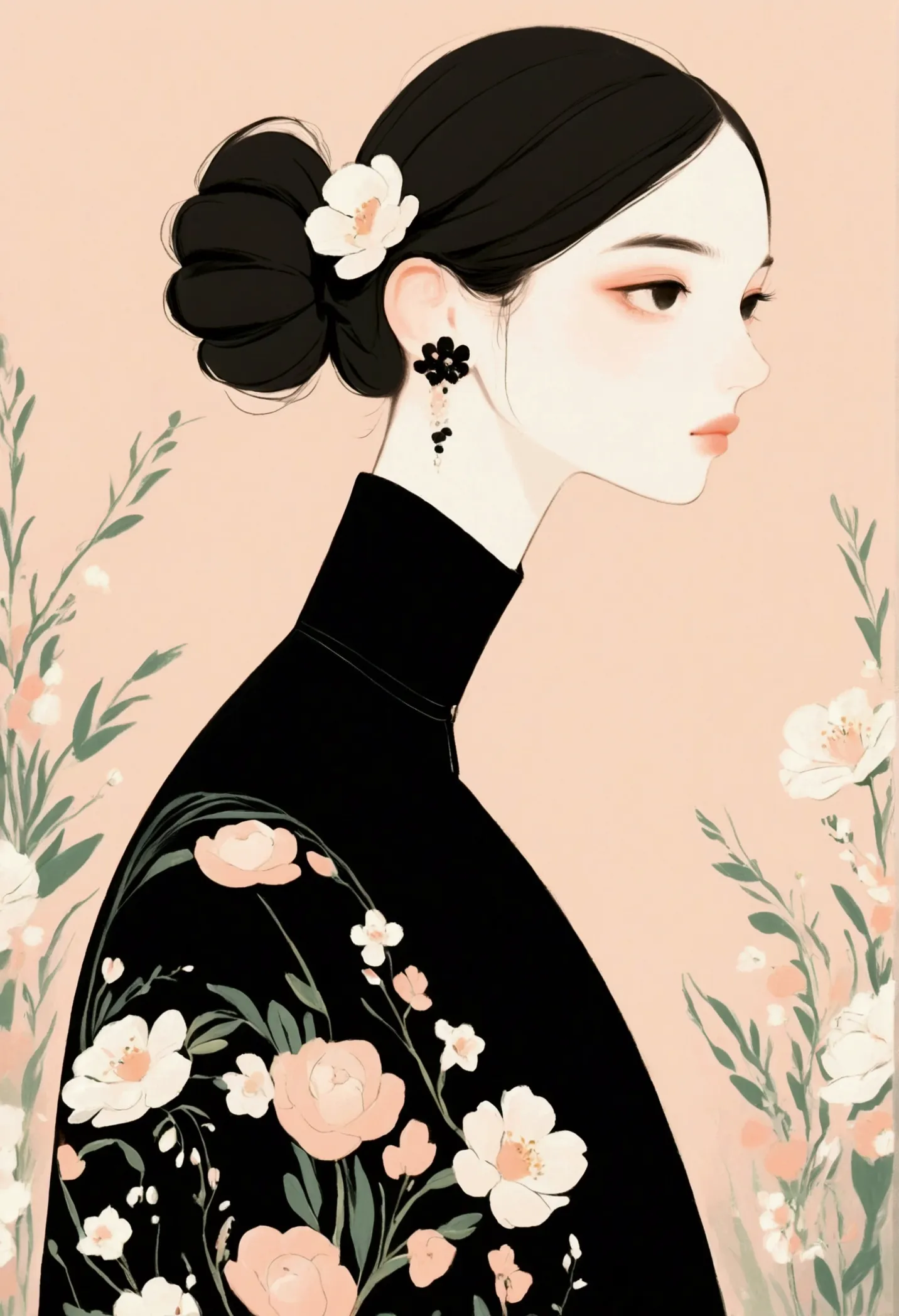 dark hair styled in a low bun, black high-collar dress, floral patterns with white and peach flowers, delicate flower hair acces...