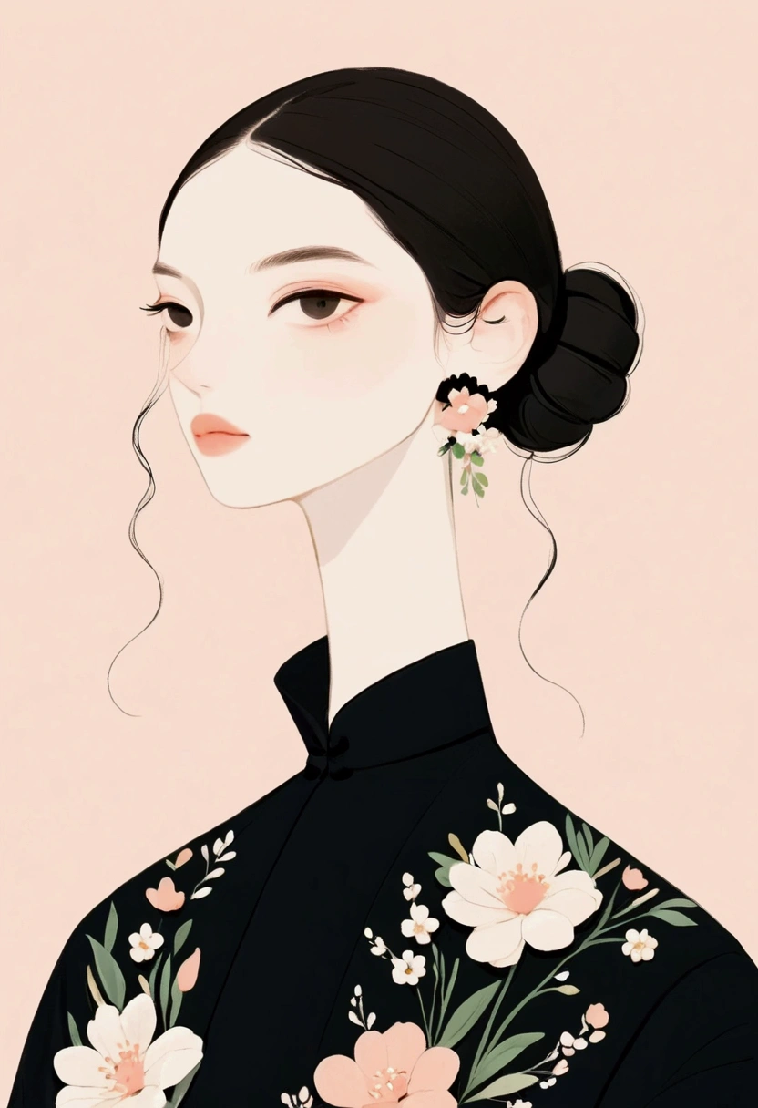 Dark hair styled in a low bun, black high-collar dress, floral patterns with white and peach flowers, delicate flower hair accessory, elegant and orderly atmosphere, soft pastel background, gentle warm lighting, front view.