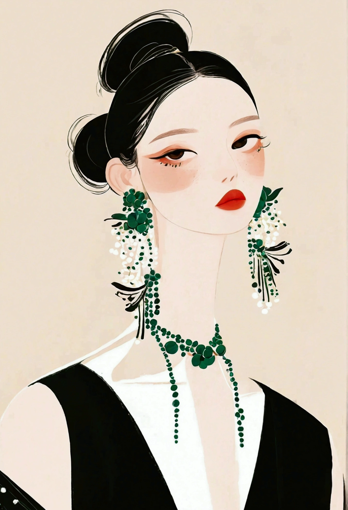 
a painting of a woman with a black dress and earrings, digital art of an elegant, a beautiful artwork illustration, by Mei Qing, exquisite digital illustration, by Ni Tian, by Li Song, beautiful digital illustration, inspired by Ma Yuanyu, by Ye Xin, by helen huang, by Jin Nong, by Xia Gui, inspired by Xie Huan