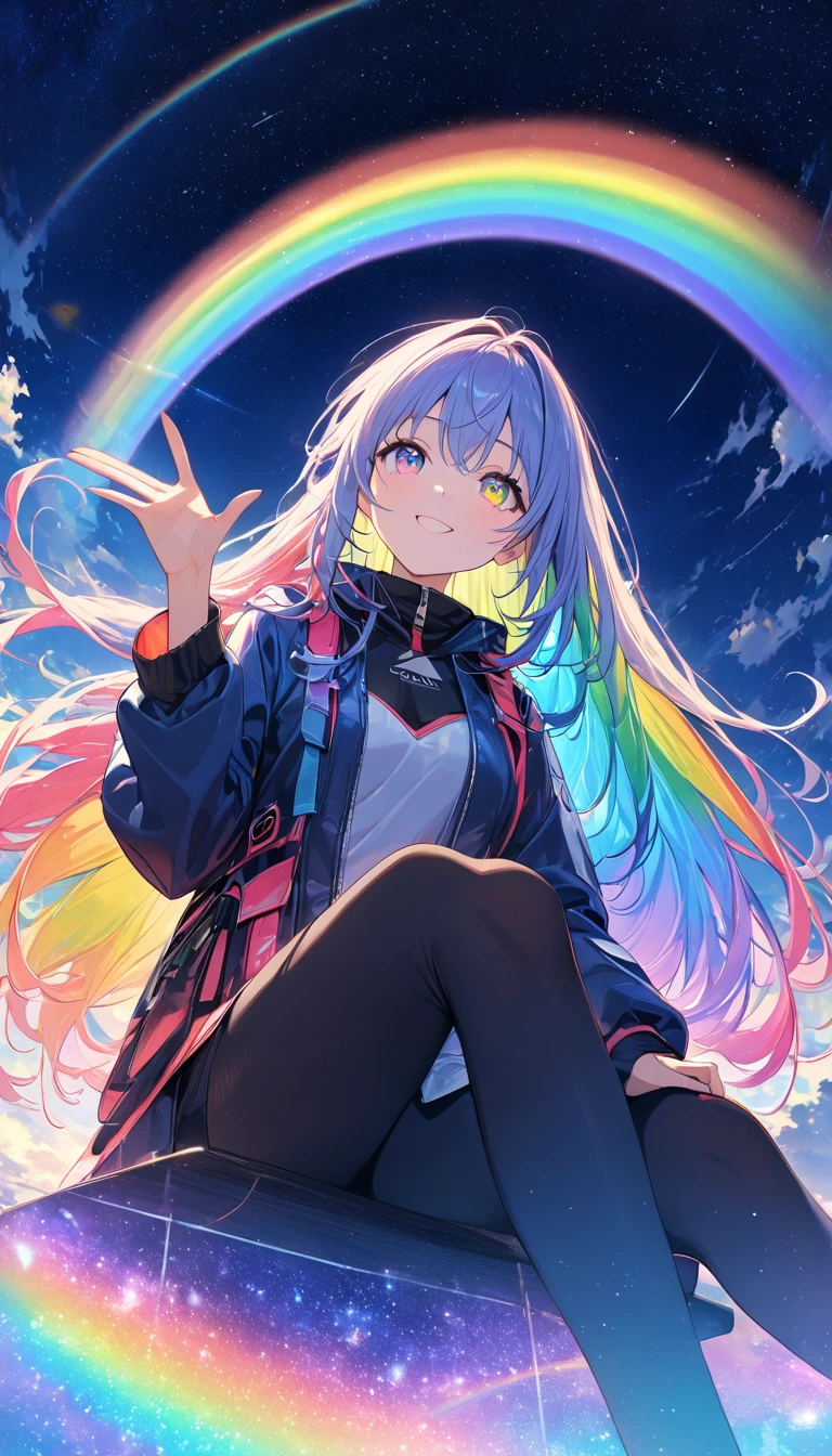 anime、((Amazingly absurd)),(masterpiece:1.2),超High resolution, Attention to detail, high quality, High resolution, 最high quality, 4K, 8k、A woman reaching for the sky,Sitting,Look Up,neon sign,Edge of the body,Rainbow colors are the base,View the night sky,Long Hair,Rainbow Eyes,smile,The Edge of the Galaxy,Angle from below,hope