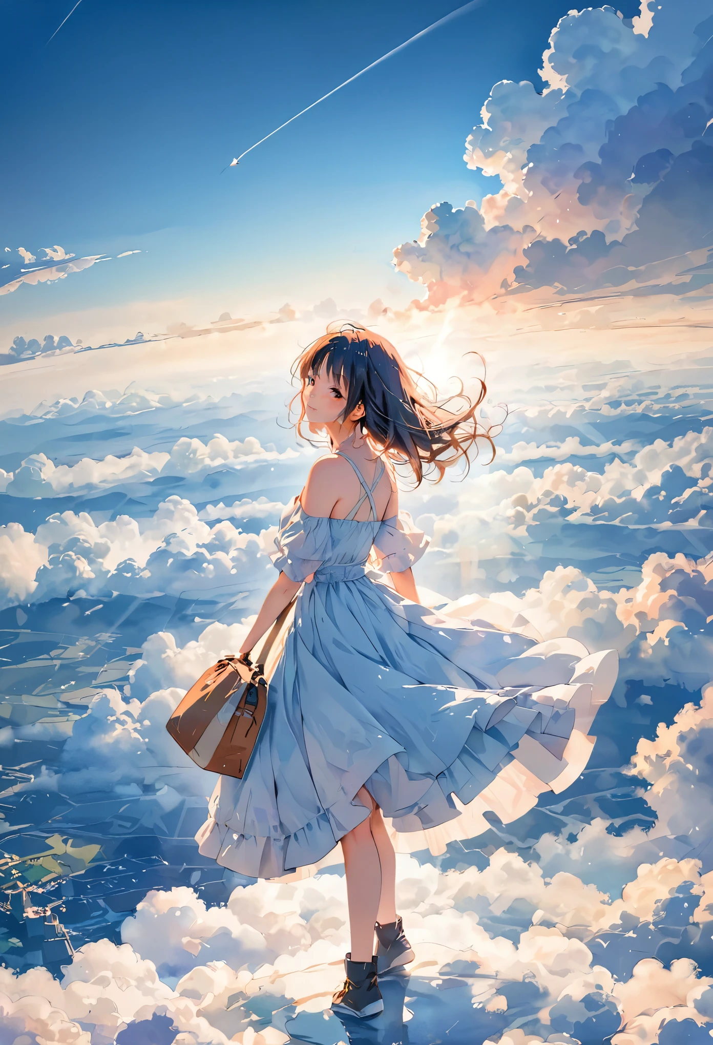 (Watercolor style, Spectrum Art) + A majestic world above the clouds、パノラマViewが広がる + Costume bag (View) + (flow + Subtle reflection) + (blend + Scattered) + (Light and shadow are clear + Swaying Dynamic), Beautiful face girl、Soaring into the sky, standing on a white cloud、Masterpiece、Watercolor style、High image quality、