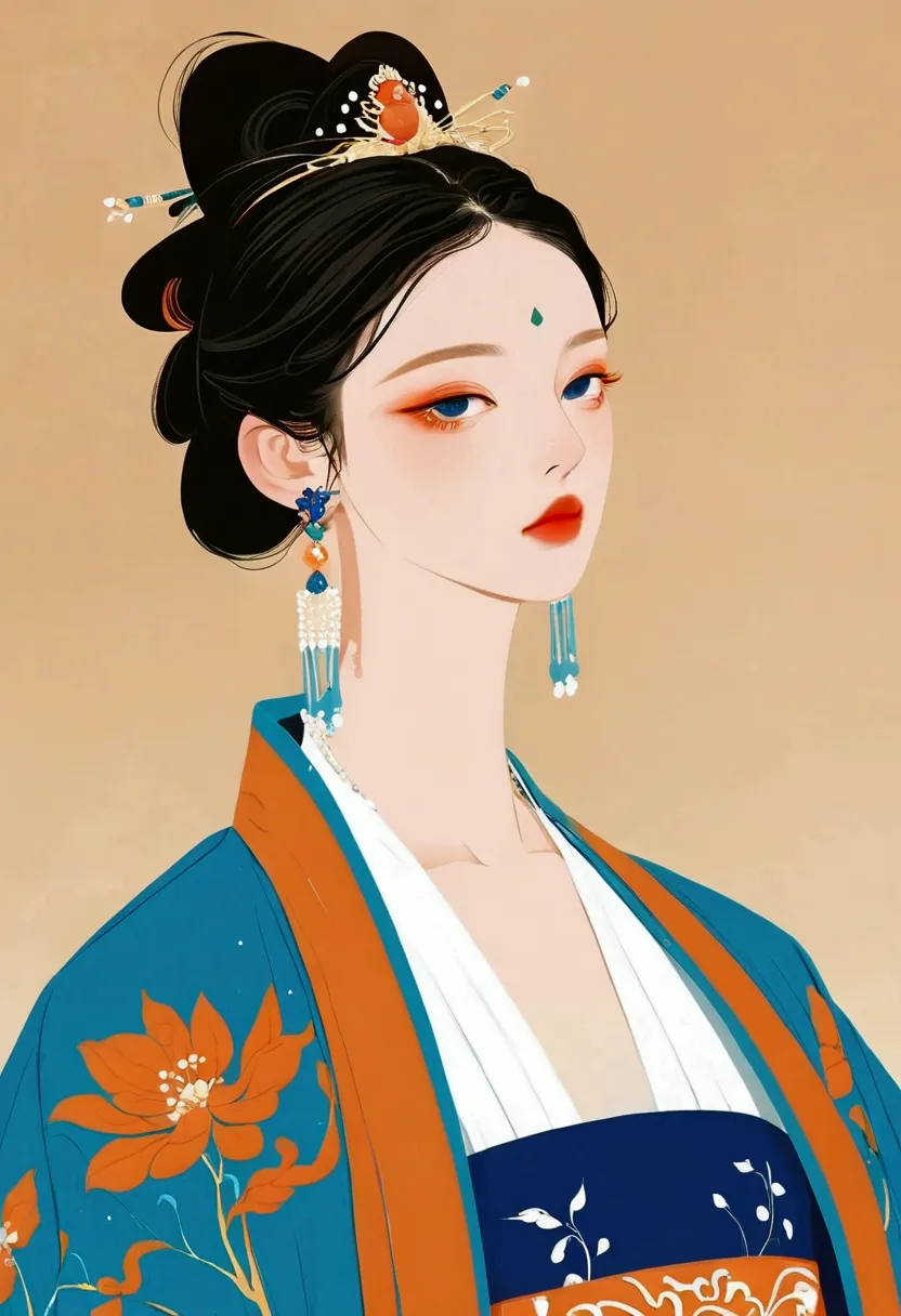 a close up of a woman wearing a blue and orange dress, palace ， a girl in hanfu, a beautiful fantasy empress, ancient chinese pr...