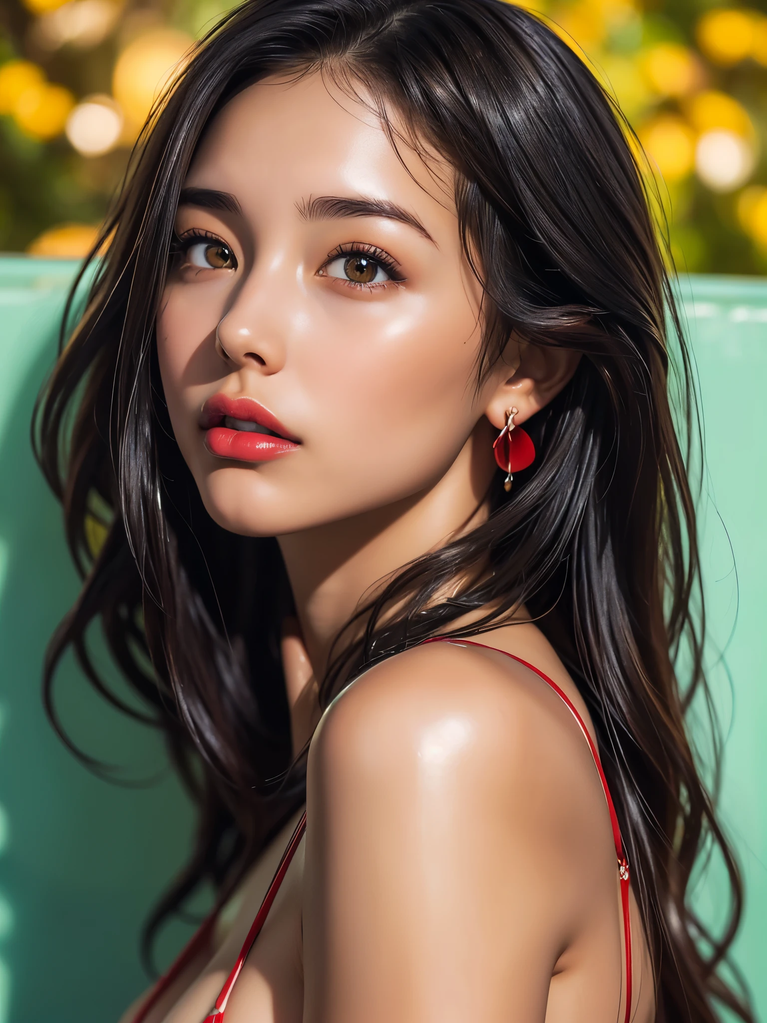 (UHigh resolution, retina, masterpiece, Accurate, Anatomically correct, Textured skin, Super Detail, Attention to detail, high quality, 最high quality, High resolution, 1080P, High resolution, 4K, 8k, 16k), (美しいAttention to detail目, Beautiful lip detail, Highly detailed eyes and face), Soft lighting, Physically Based Rendering, Vibrant colors,(((最high quality、masterpiece, 高精細CG8kイラスト, Highly detailed lights and shadows, Highly detailed face and eyes,masterpiece, 最high quality, Alone, One girl, Glowing Skin, Earrings, Splendid, Whimsical details, wall,Bright red lips, Fascinating,Shallow depth of field,Swimwear,Micro bikini, Contrasting, Professional Model, frontを向く、front, Portraiture , Left detailed pupil,Right symmetrical pupil,Wavy Hair))), (Glowing Skin), (Wide-angle),(Alone),  (Urzan-6500:0.33),(((whole bodyショット,whole body,Model pose,Cowboy Shot)))