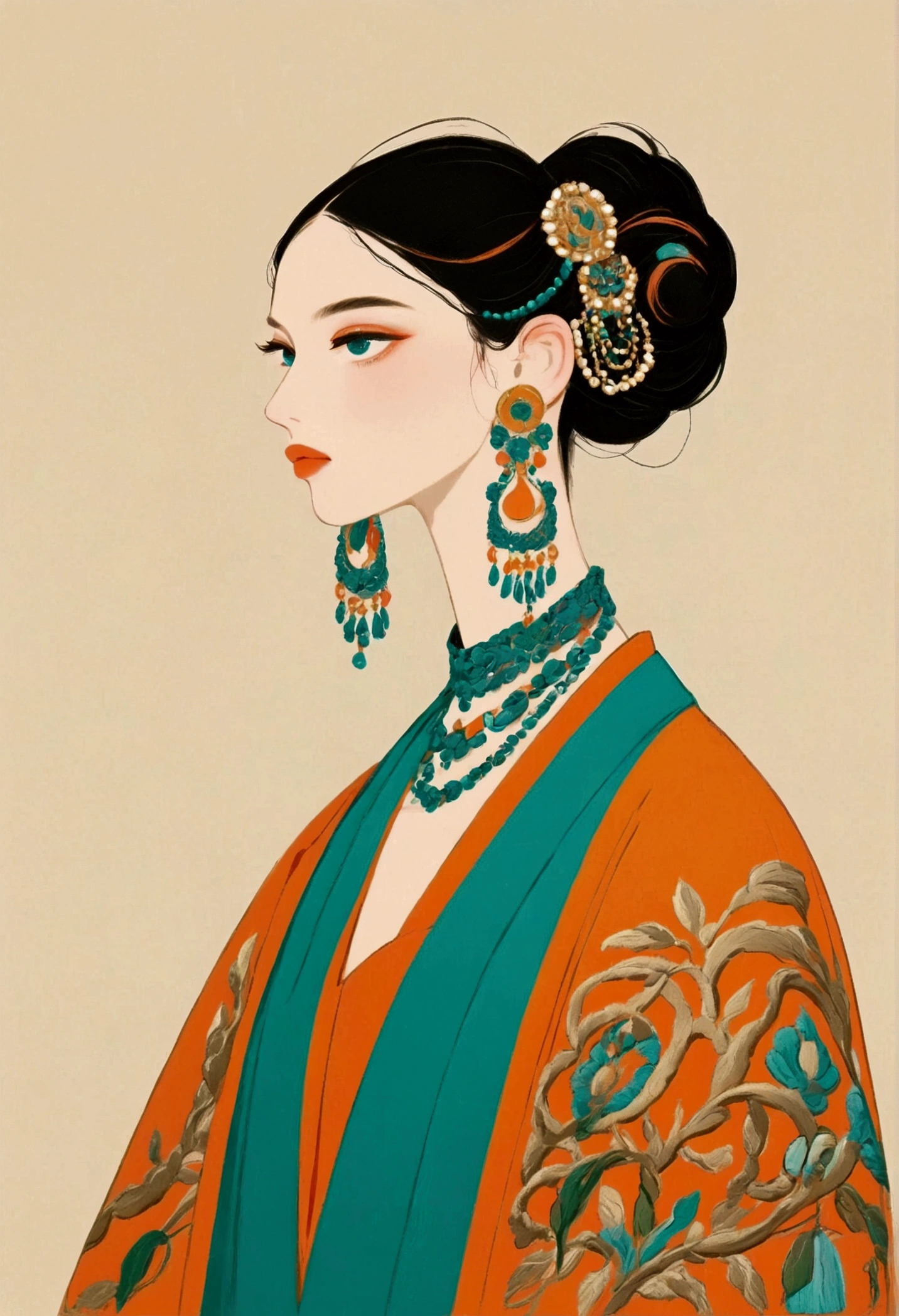 Elaborate traditional hairstyle adorned with intricate gold and turquoise jewelry, wearing a beautifully detailed robe with vibrant orange and teal colors, featuring exquisite embroidery and patterns, paired with matching ornate earrings and hair accessories. The overall atmosphere is formal and elegant, with soft, natural lighting enhancing the richness of the attire.