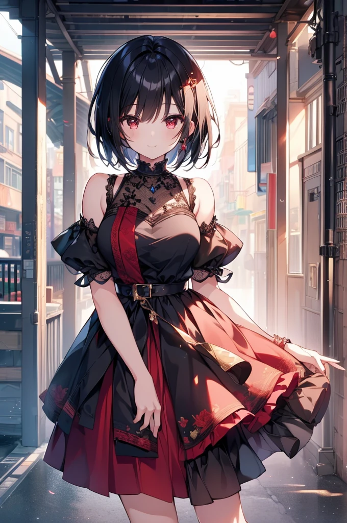 (masterpiece, highest quality, highest quality, (No text), Beautiful and aesthetic:1.2),No text,anime、break,One Girl，Black Hair Girl　 adult　Short Hair　Older sister　Beautiful eyes　Red eyes　cool　smile　Black and Red　skirt　Full Body Outdoors