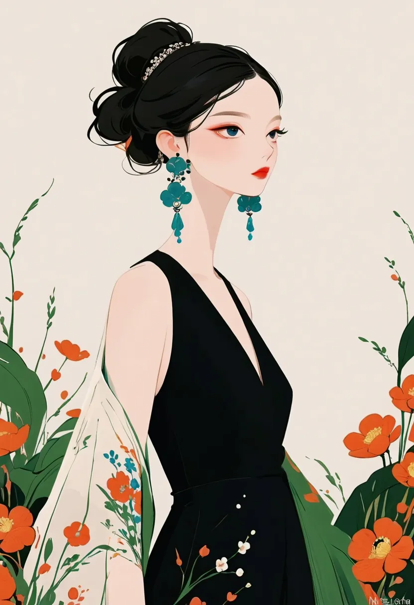 a painting of a woman with a black dress and earrings, digital art of an elegant, a beautiful artwork illustration, by mei qing,...