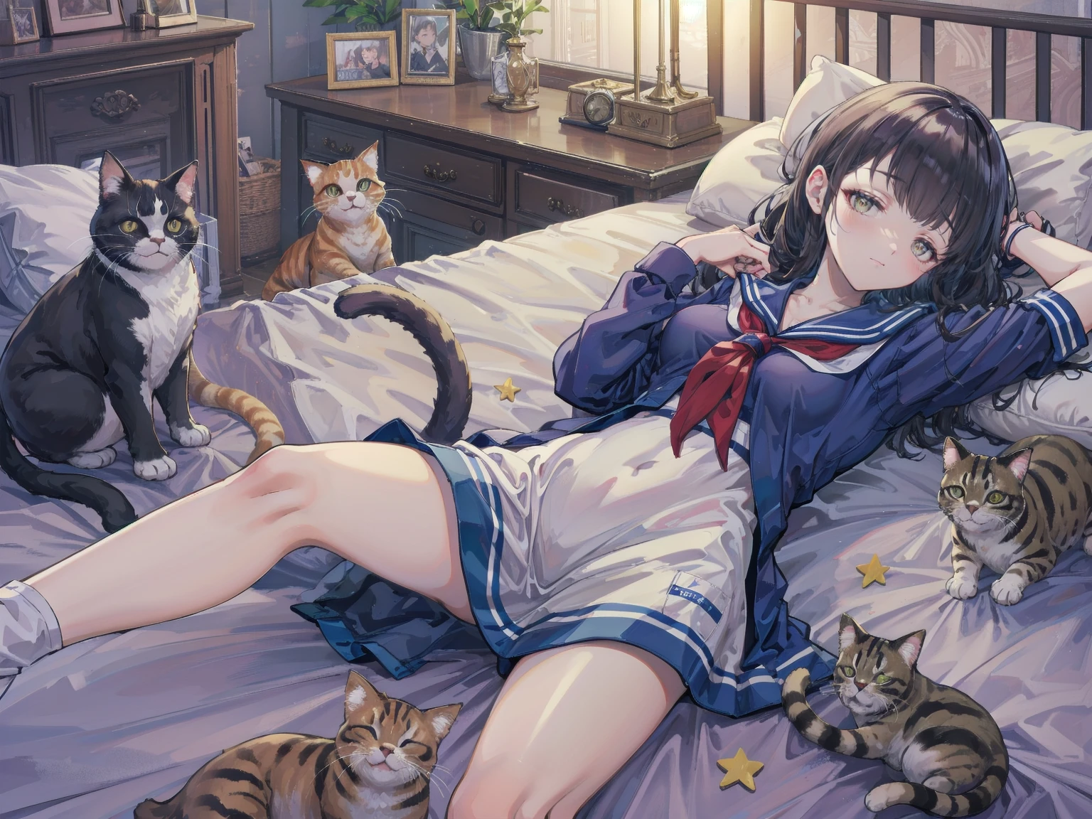 、Sleep、While sleeping、Late Night、Me in a sailor suit、Lying face up on the bed、So many cats getting in the way on the bed、
