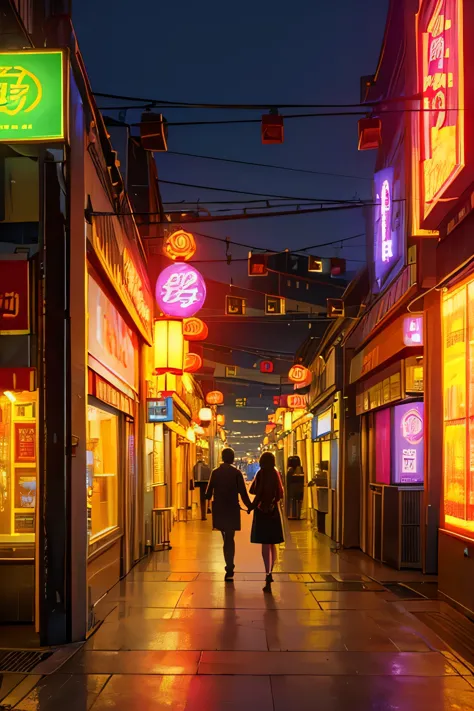 a crowded chinese neon-lit street at night, a couple holding hands walking together, detailed city lights, neon signs, intricate...