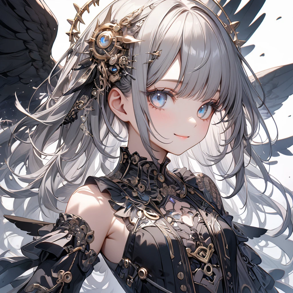 Absurd,anime,Detailed and beautiful eyes,(art),(artistic clothing:1.5),angel,gray hair,smile,(a girl:1.5),from the waist up,(small breasts:1.2),(small chest:1.2),mysterious,fallen Angel,Hello,(Large detailed hair ornament:1.2),(look away:1.5),detailed clothes,Flashy Moves,Mechanical,masterpiece, moe kawaii,abyss,luster,lame,(ultra detailed:1.2), ((highest quality)) ,Extremely Delicately Beautiful ,64k