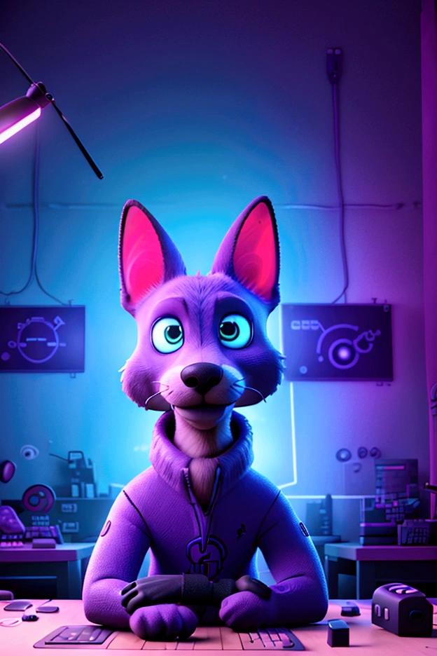 Jackal sitting in a gamer's chair, at a gaming table and typing something on a gamer's keyboard, close up shot, jackal looking into the camera, shot close up, neon lighting, neon computer unit nearby, light fixture shimmers with rainbows