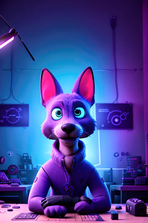 jackal sitting in a gamer's chair, at a gaming table and typing something on a gamer's keyboard, close up shot, jackal looking i...