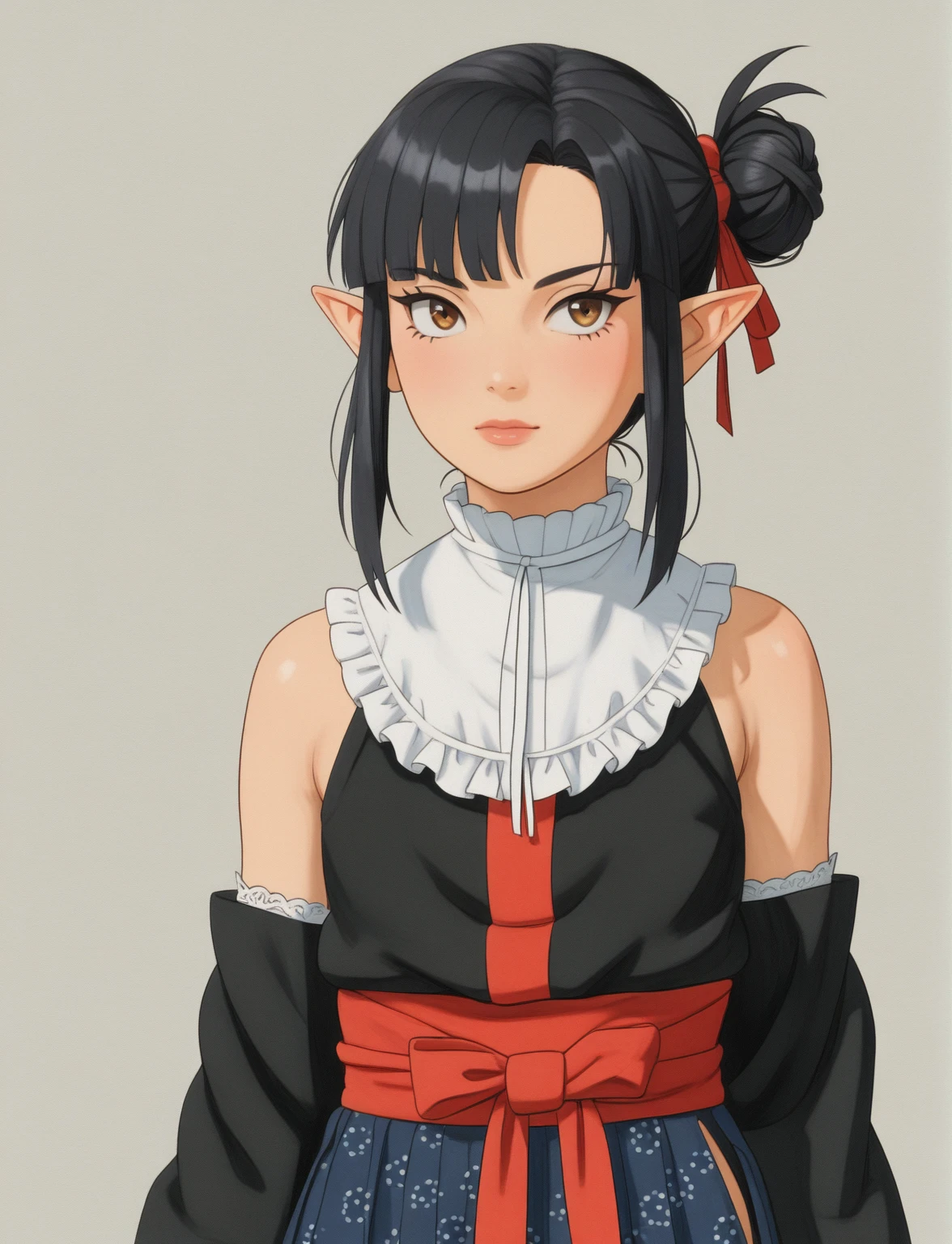 Create a digital illustration of a female character with elf ears with round dots instead of eyebrows. For the hairstyle, she should have black hair styled into a single bun at the back of her head, complemented by asymmetrically chopped bangs that transition into a long lock on one side. Her outfit should match short hakama with detached sleeves and frills under the shorts and the sleeves, in a gothic style, featuring intricate white lace patterns, detailed cutouts, and a white obi with a black seigaiha black pattern. The outfit should include layered skirts and ribbon details to emphasize a similar aesthetic. Add a muted background that complements her striking attire and hairstyle.