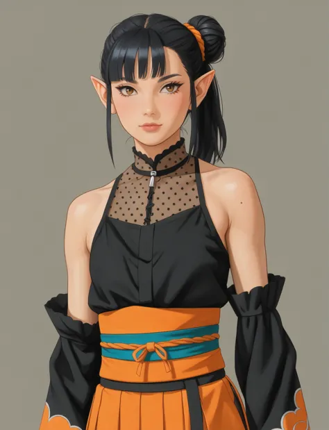 create a digital illustration of a female character with elf ears with round dots instead of eyebrows. for the hairstyle, she sh...