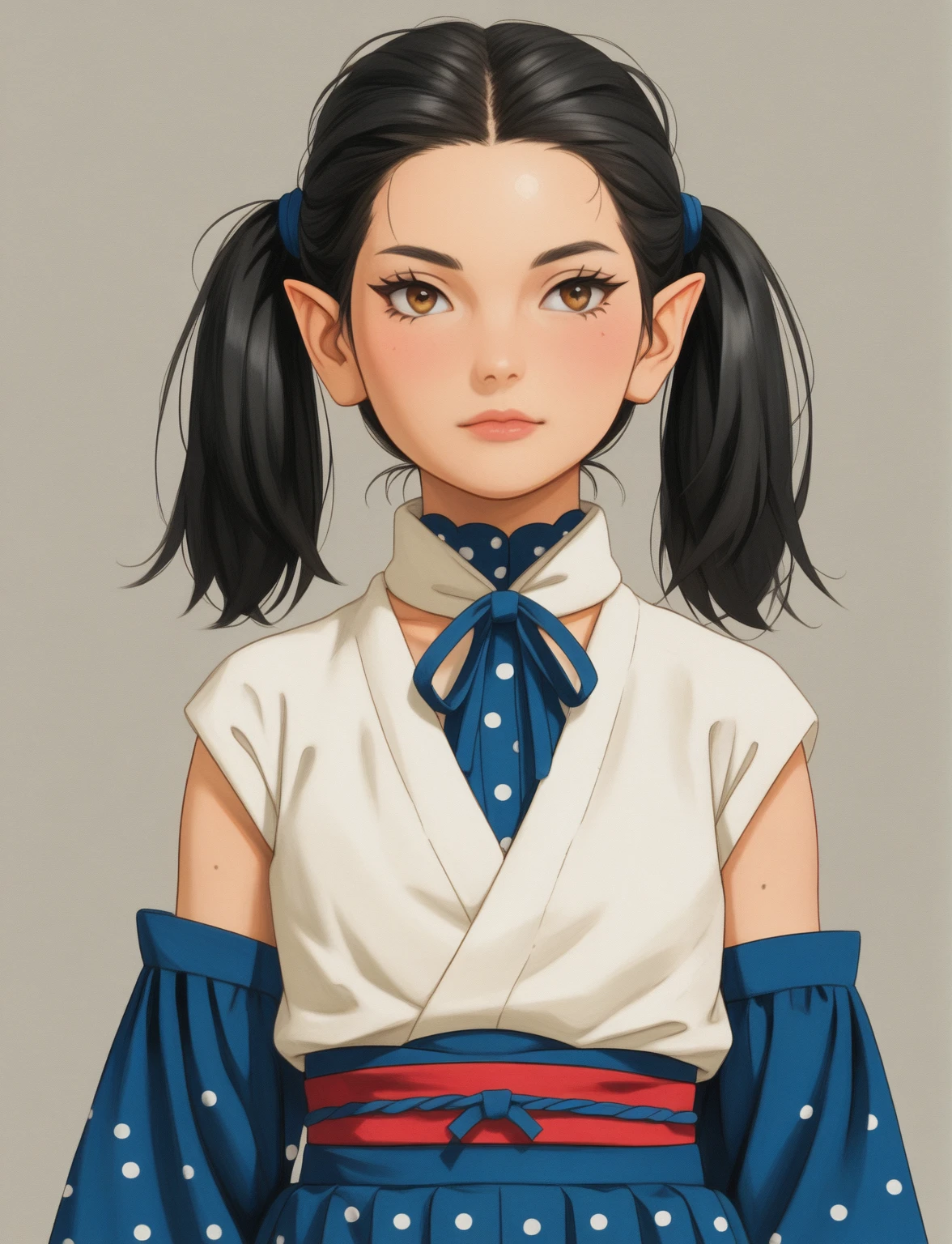 Create a digital illustration of a female character with elf ears with round dots instead of eyebrows. For the hairstyle, she should have black hair styled into a single bun at the back of her head, complemented by asymmetrically chopped bangs that transition into a long lock on one side. Her outfit should match short hakama with detached sleeves and frills under the shorts and the sleeves, in a gothic style, featuring intricate white lace patterns, detailed cutouts, and a white obi with a black seigaiha black pattern. The outfit should include layered skirts and ribbon details to emphasize a similar aesthetic. Add a muted background that complements her striking attire and hairstyle.