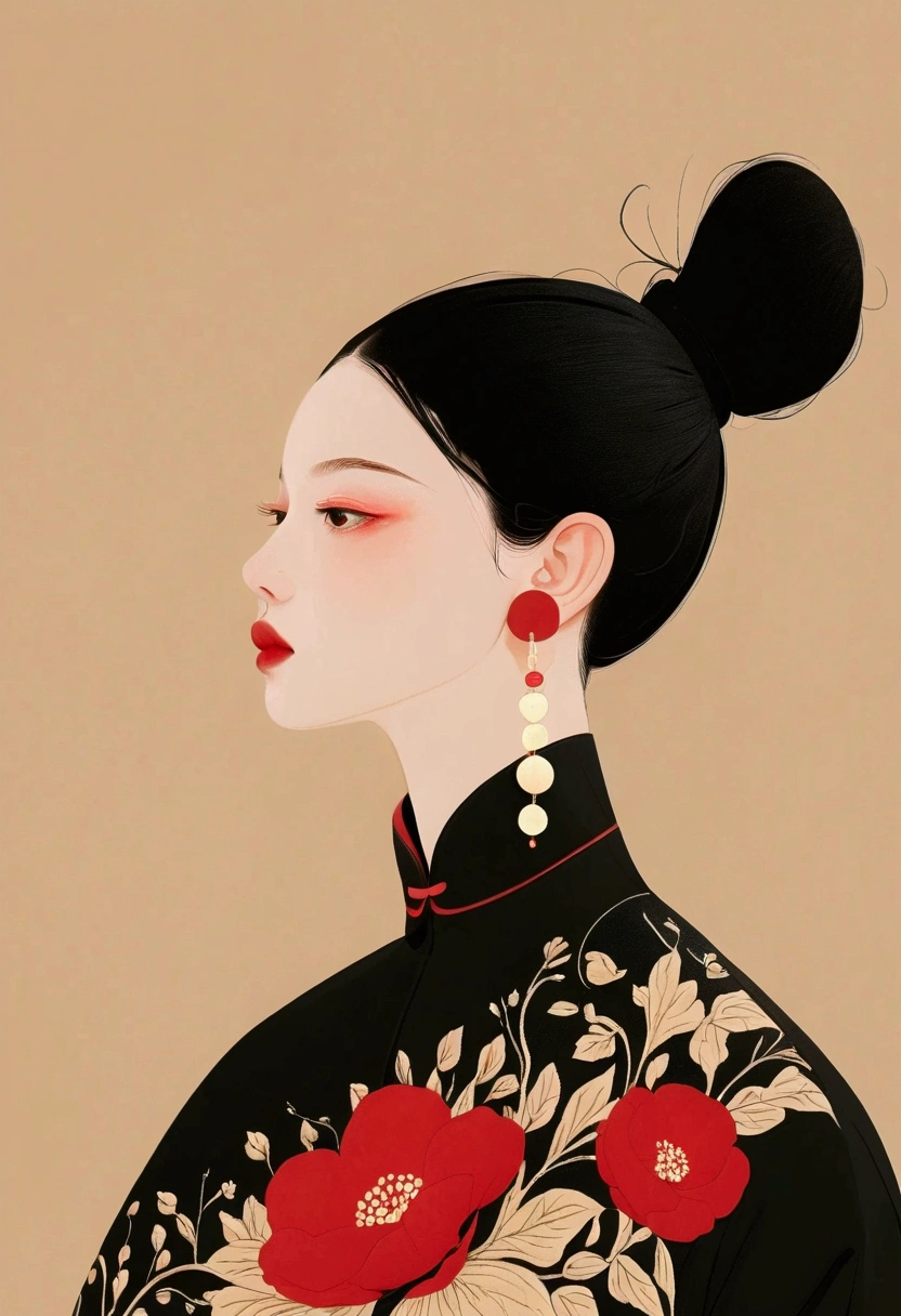 High contrast digital artwork featuring a person with intricate black hair styled into large, rounded buns. The individual is wearing a black dress with a high collar and an accent of red floral patterns on the shoulder. Elaborate, long red earrings complement the outfit. The background consists of a bold red circular element, contrasting sharply against a soft beige backdrop, which enhances the visual impact of the artwork.