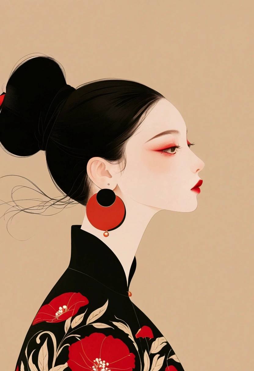 High contrast digital artwork featuring a person with intricate black hair styled into large, rounded buns. The individual is wearing a black dress with a high collar and an accent of red floral patterns on the shoulder. Elaborate, long red earrings complement the outfit. The background consists of a bold red circular element, contrasting sharply against a soft beige backdrop, which enhances the visual impact of the artwork.