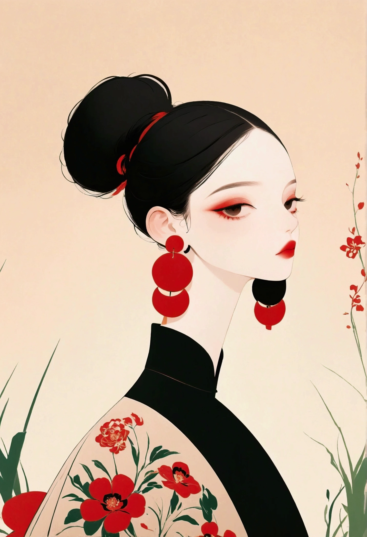 High contrast digital artwork featuring a person with intricate black hair styled into large, rounded buns. The individual is wearing a black dress with a high collar and an accent of red floral patterns on the shoulder. Elaborate, long red earrings complement the outfit. The background consists of a bold red circular element, contrasting sharply against a soft beige backdrop, which enhances the visual impact of the artwork.