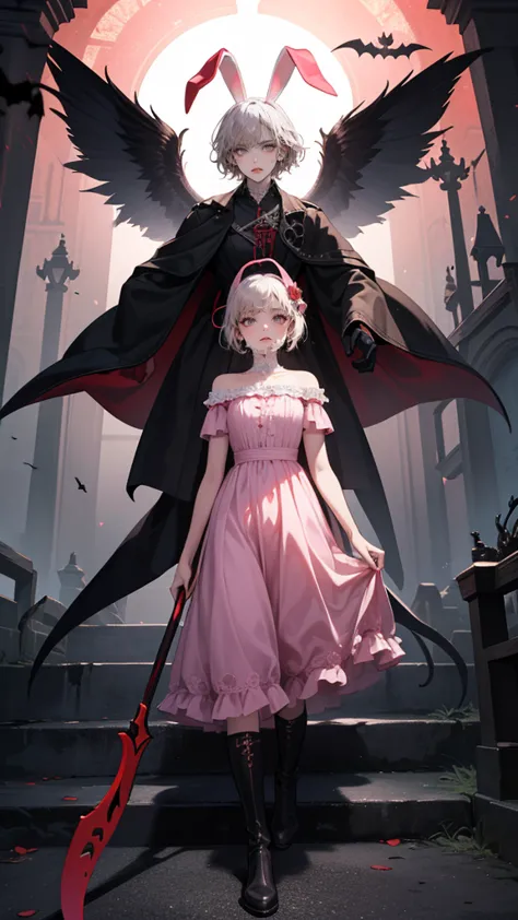 halloween,pumpkin, anime she have a short silver hair, pink long dress,pink eyes,pink bunny ears , beautiful face,,{{full body}}...