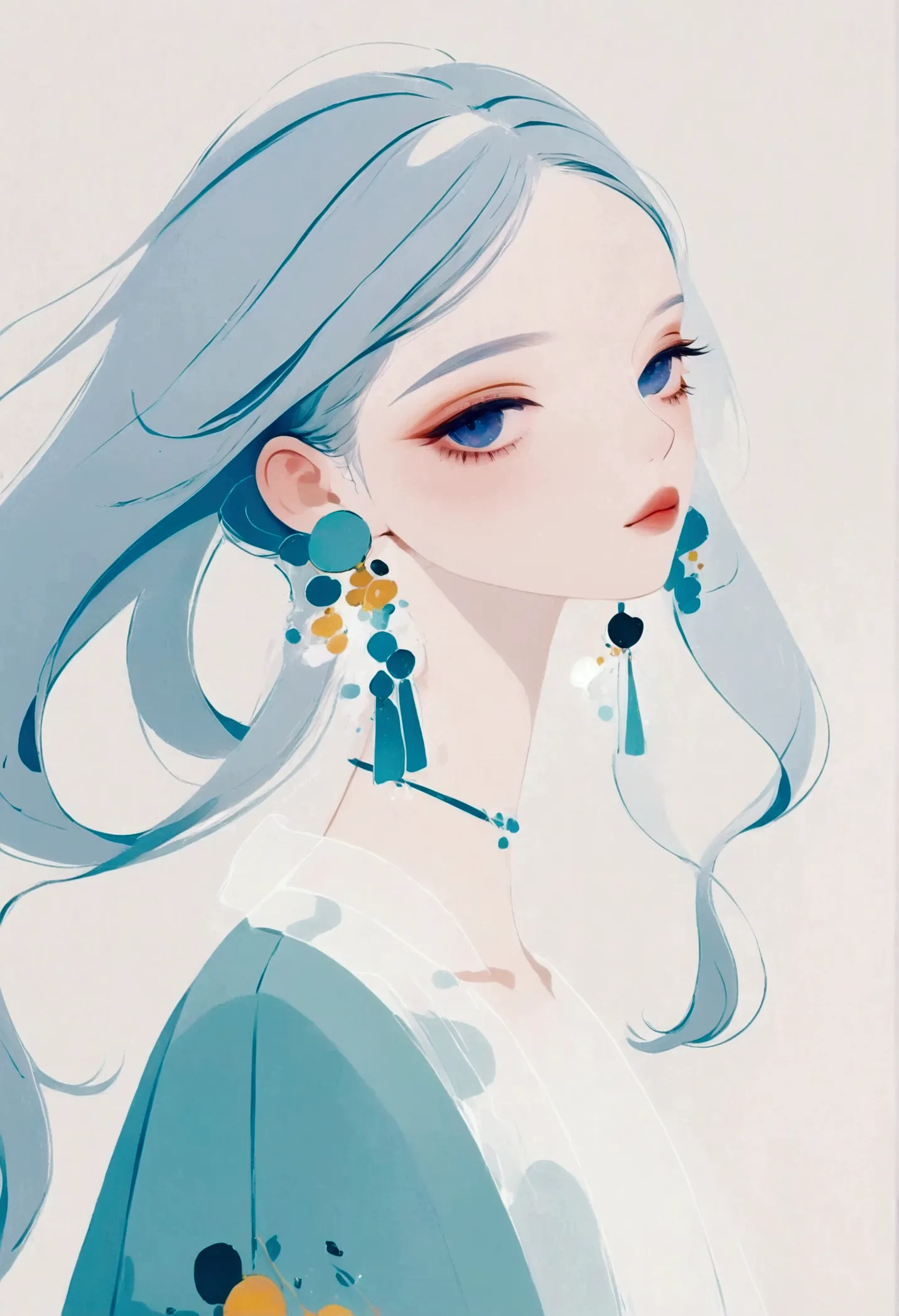 a close up of a woman with blue hair and earrings, beautiful anime portrait, rossdraws pastel vibrant, beautiful anime style, be...