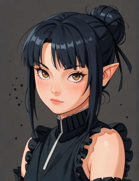 create a digital illustration of a female character with elf ears with round dots instead of eyebrows. for the hairstyle, she sh...