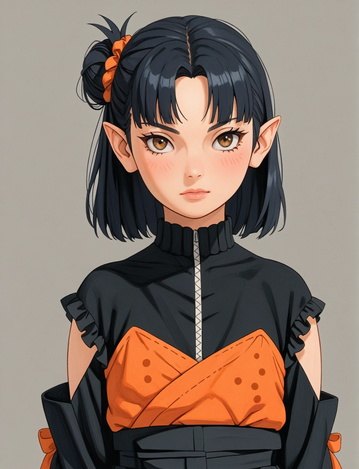 Create a digital illustration of a female character with elf ears with round dots instead of eyebrows. For the hairstyle, she should have black hair styled into a single bun at the back of her head, complemented by asymmetrically chopped bangs that transition into a long lock on one side. Her outfit should match short hakama with detached sleeves and frills under the shorts and the sleeves, in a gothic style, featuring intricate white lace patterns, detailed cutouts, and a white obi with a black seigaiha black pattern. The outfit should include layered skirts and ribbon details to emphasize a similar aesthetic. Add a muted background that complements her striking attire and hairstyle.