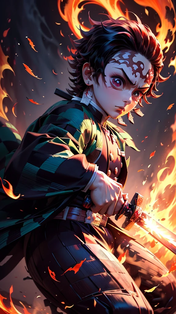 Because it is translucent and carved from flames.、Kamado Tanjiro,(Kimetsu no yaiba),Full Style,super high quality,Ultra-high resolution,Photo 8k,Holding a sword,{{One boy,Super detailed ,Demon Hunter Suit,Hino Kamikagura Engineering