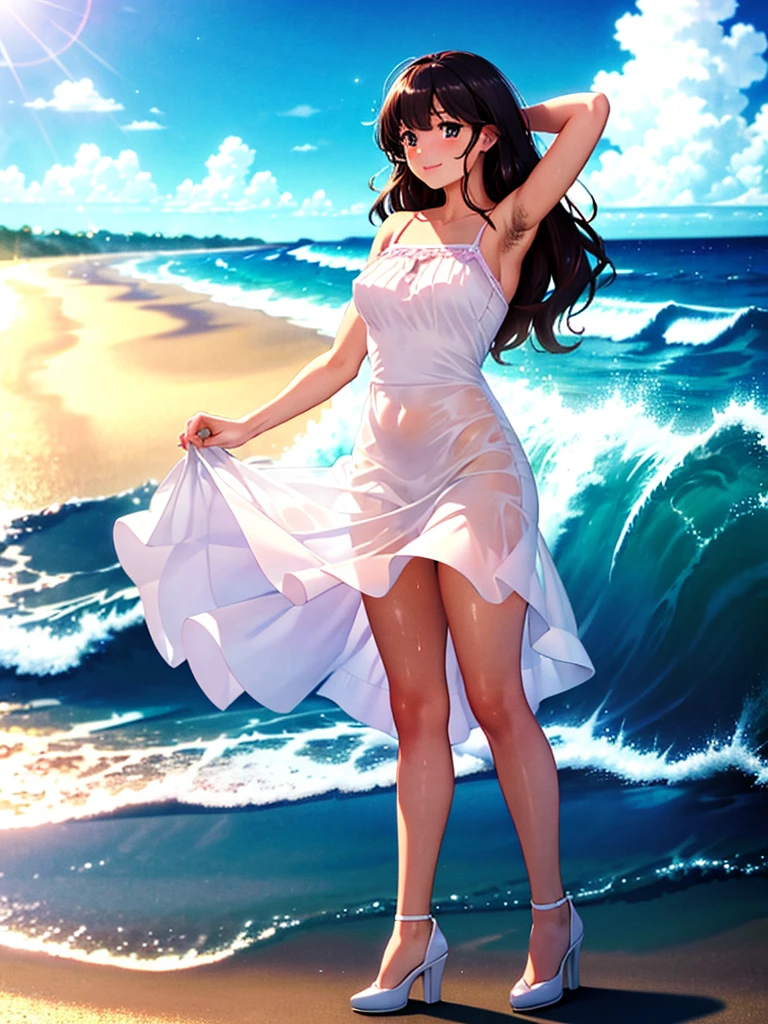 (masterpiece, best quality:1.2), illustration, anime, (wide shot), model shoot, 33 yo wife, (armpits hair), long dark hair, dark brown eyes, pretty lips, beautiful faces, beautiful eyes, sheer white sundress, white brasserie, pink high heel, wet hair, wet body, back lighting, standing on pier, (ocean, glittering water surface), waves, scenery summer pier background, vibrant color, bright sunlight, 8K, ultra HD