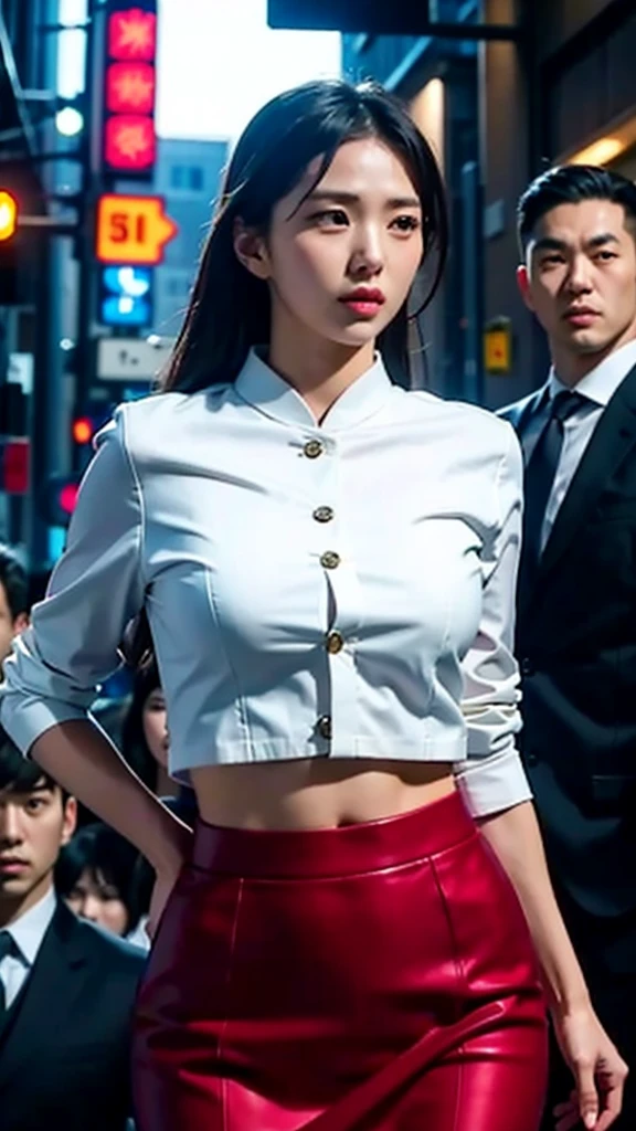 "Design an 8k movie poster featuring an Asian female Yakuza boss with a commanding presence, wearing a stylish crop top shirt, a sharp blazer, and a long skirt. She stands confidently in the foreground, exuding power and authority, with three male gang members positioned behind her. The men are dressed in dark, sharp suits with stern, loyal expressions, ready to protect their boss. The background is a dimly lit urban alley with neon lights reflecting off wet pavement, creating a moody, crime-filled atmosphere. The boss’s pose is fierce and seductive, with an intense gaze that conveys control and confidence."