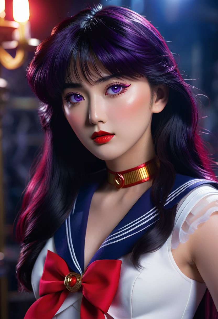 A highly detailed realistic of Sailor Mars, Rei Hino, in a dark fantasy movie setting, photorealistic, extremely detailed facial features, striking purple eyes, full lips, long eyelashes, elegant hairstyle, detailed sailor mars uniform design, dramatic lighting, cinematic composition, moody color palette, intricate background details, fantasy elements, 8k, best quality, ultra-detailed, masterpiece