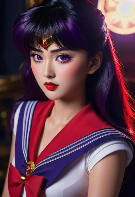 a highly detailed realistic of sailor mars, rei hino, in a dark fantasy movie setting, photorealistic, extremely detailed facial...