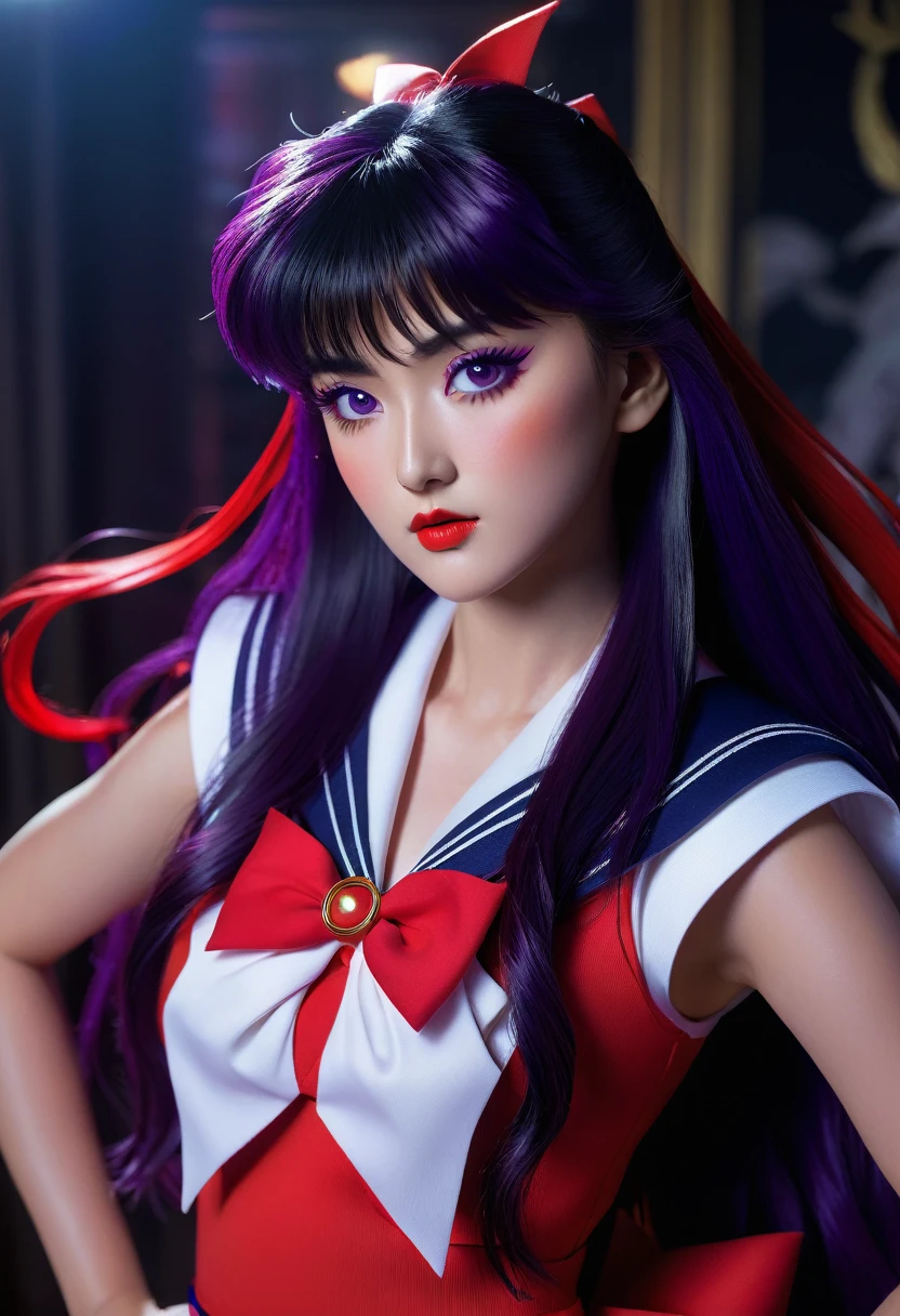 A highly detailed realistic of Sailor Mars, Rei Hino, in a dark fantasy movie setting, photorealistic, extremely detailed facial features, striking purple eyes, full lips, long eyelashes, elegant hairstyle, detailed red sailor mars uniform design, dramatic lighting, cinematic composition, moody color palette, intricate background details, fantasy elements, 8k, best quality, ultra-detailed, masterpiece