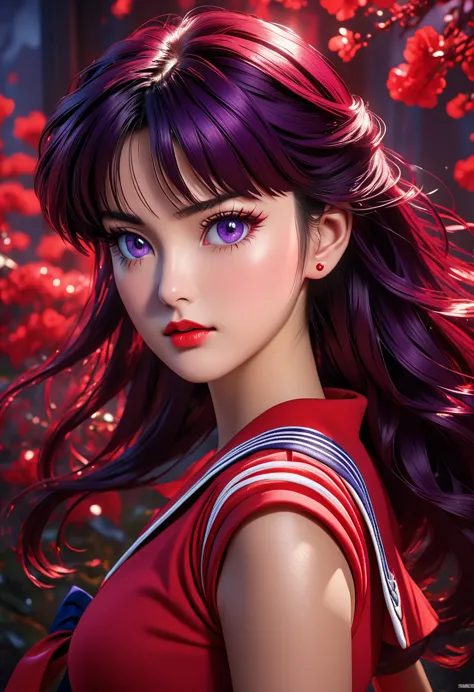 a highly detailed realistic of sailor mars, rei hino, in a dark fantasy movie setting, photorealistic, extremely detailed facial...