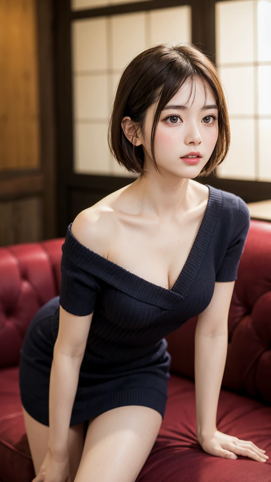 High resolution、超High resolution、photograph、Japanese Women、Staring provocatively at each other、cute、Age 25、、Highly detailed skin、Japanese、Leaning forward、、Beautiful Face、Gazing Eyes、Clear skin、Even skin、細部まではっきりとDescription、Natural skin correction、、Description、Beautiful thighs、、Small face、、Leaning forward、Sexy knit dress with a loose neckline、Slender、Off the shoulder、Hostess peering into her chest、hostess、night、nightの飲食店、Dark interior、Red sofa seat、Short Hair、cheers