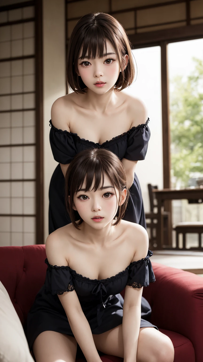 High resolution、超High resolution、photograph、Japanese Women、Staring provocatively at each other、cute、Age 25、、Highly detailed skin、Japanese、Leaning forward、、Beautiful Face、Gazing Eyes、Clear skin、Even skin、細部まではっきりとDescription、Natural skin correction、、Description、Beautiful thighs、、Small face、、Leaning forward、A sexy dress with a loose neckline、Slender、Off the shoulder、Hostess peering into her chest、hostess、night、nightの飲食店、Dark interior、Red sofa seat、Short Hair、cheers