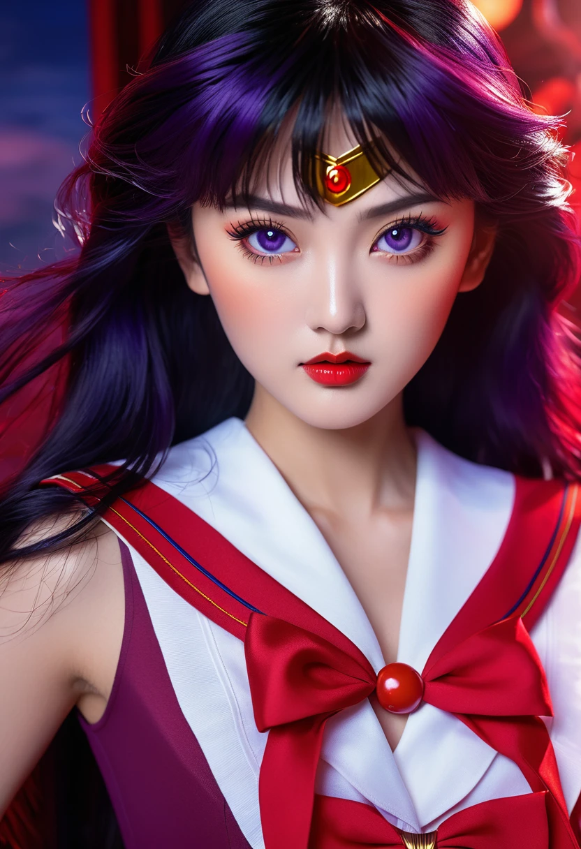 A highly detailed realistic of Sailor Mars, Rei Hino, in a dark fantasy movie setting, photorealistic, extremely detailed facial features, striking purple eyes, full lips, long eyelashes, elegant hairstyle, detailed red sailor mars uniform design, dramatic lighting, cinematic composition, moody color palette, intricate background details, fantasy elements, 8k, best quality, ultra-detailed, masterpiece