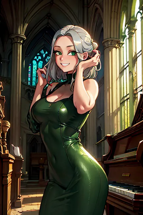 perfect face. perfect hands. a young silver haired woman with green eyes with an hourglass figure in a green leather dress is pl...