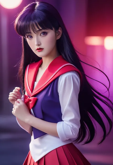 a highly detailed realistic of sailor mars, rei hino, in a dark fantasy movie setting, photorealistic, extremely detailed facial...